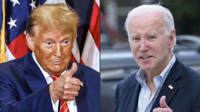 A conviction, even one viewed by many as politicised, could damage Donald Trump; but on core policy issues that voters care about, Joe Biden ‘is in deep trouble’. Pictures: Tannen Maury, Brendan Smialowski / AFP