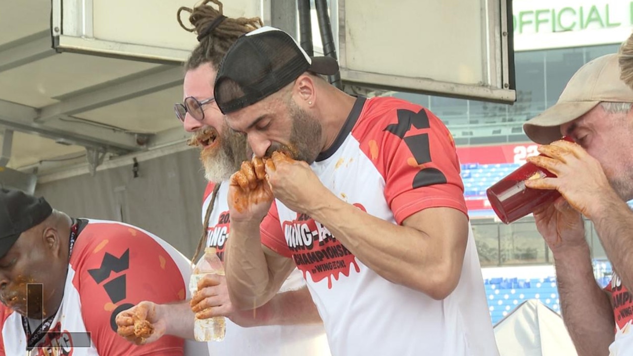 Australian James Webb competing in the Wing It On! US Chicken Wing Eating Championship at Highmark Stadium in New York State on September 4, 2023. He won by eating 276 wings in 12 minutes.