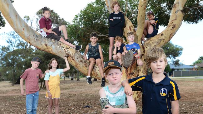 Upset kids (L-R) Archie Semple 10, Aylish Bradley, 10, Kaide Bursnahasn, 13, Jaiden Burrell, 9, Shiesha Capasso 10, Matteo Capasso, 9, Felix Harrison, 7, Isla Hardy, 7 (L-R) front Jay Semple, 7 and Cole Bradley, 7. Picture: Michael Marschall