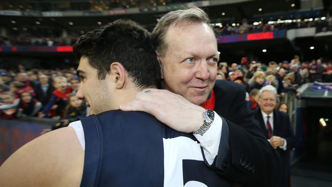 Glen Bartlett hugs Christian Petracca in 2018. Picture: Michael Klein