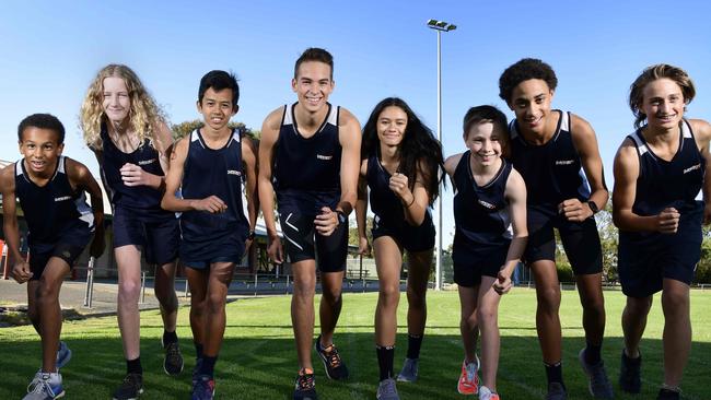 Flagstaff Athletics Club runners (from left) Dylan Boyce (16, Barbados), Josh Bell (16, Scotland), Monty Boey (13, Malaysia), Kyle Gillies (16, Australia), Jamilla Hartogh-Jennings (14, South Africa), Wade Bentley (11, South Africa), Asher Gillings (16, Jamaica) &amp; Samuel Burbridge (12, England). Picture: Bianca De Marchi