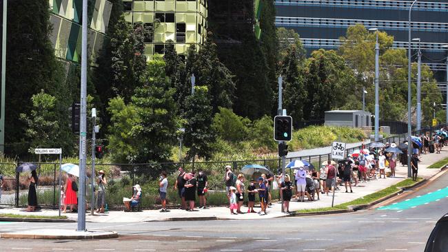 Long queues await for those looking to get a PCR test. Picture Glenn Hampson