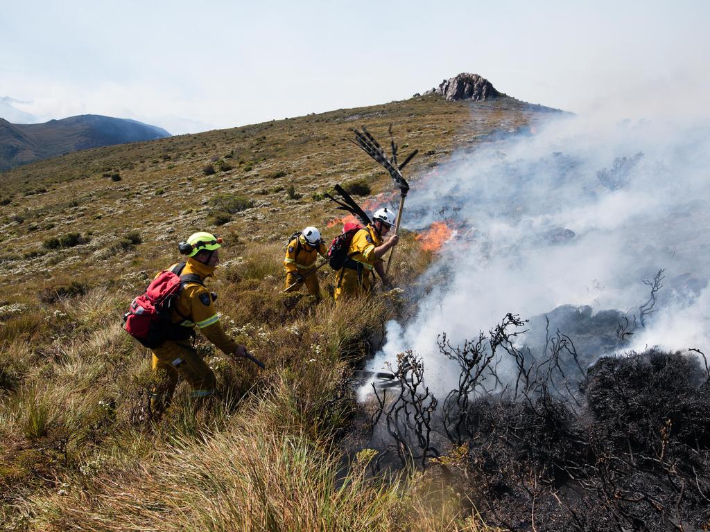 Tasmania Fire Service firefighters at the Gell River fire. Picture: WARREN FREY/TASMANIA FIRE SERVICE