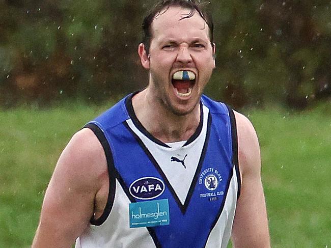 Old Melburnians v University Blues at Elsternwick Park Oval, Brighton, Melbourne, April 15th 2023.  University Blues Ayce Cordy celebrates his goal.Picture : George Sal