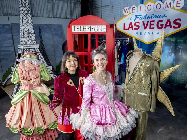 Enken Hagge and Martine Micklem from the State Theatre Company wearing costumes amongst props and costumes from past productions all going on sale this weekend.Wednesday,May24,2023.Picture Mark Brake