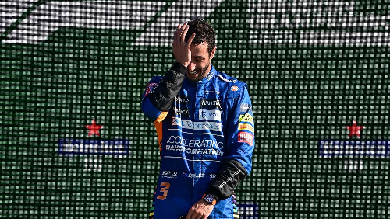 Winner McLaren's Australian driver Daniel Ricciardo celebrates on the podium after the Italian Formula One Grand Prix.