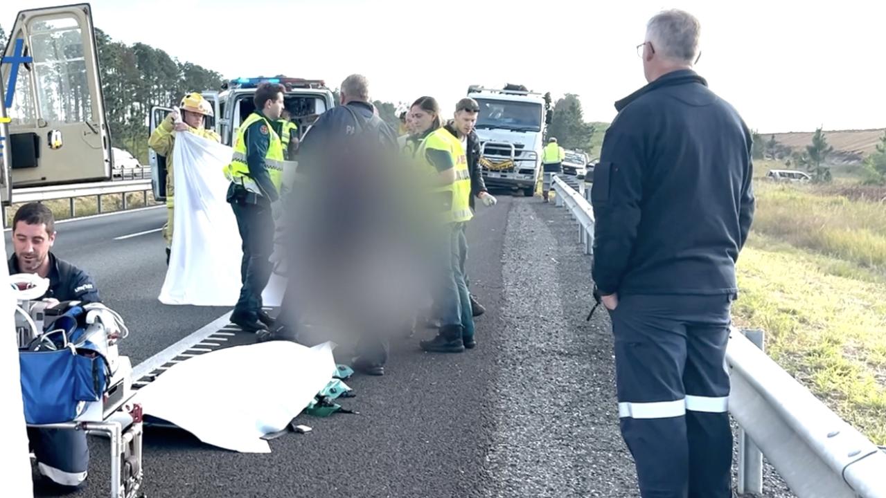 The Sunshine Coast-based RACQ LifeFlight Rescue helicopter crew has flown after a car collided with the back of her motorcycle on the Bruce Highway, causing her to lose control and crash.