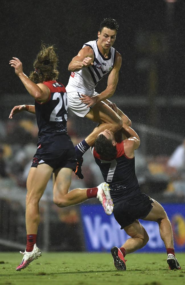 Melbourne hard man Jack Viney was ironed out, but got straight back up. Picture: Getty Images