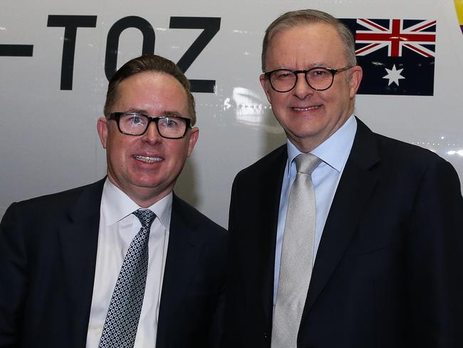 SYDNEY, AUSTRALIA  - AUGUST 14 2023: Prime Minister, Anthony Albanese and Qantas CEO Alan Joyce attend the launch of the Qantas 'Yes' Campaign at Qantas Hangar 96 in Sydney, where The Prime Minister will deliver a speech. Picture: NCA Newswire / Gaye Gerard