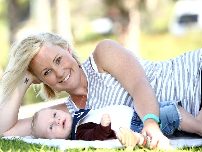 Lauren Strada with her five and a half month old son Nash in Sydney. Picture: Tim Hunter