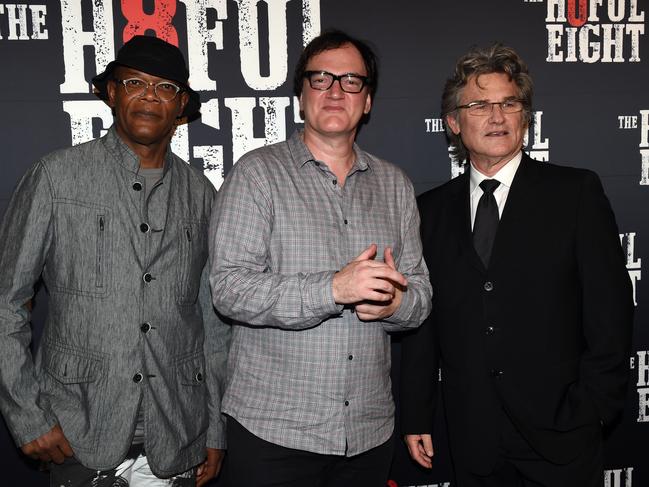 Samuel L Jackson with Quentin Tarantino and Kurt Russell during a trip to Sydney in 2016. Picture: AAP