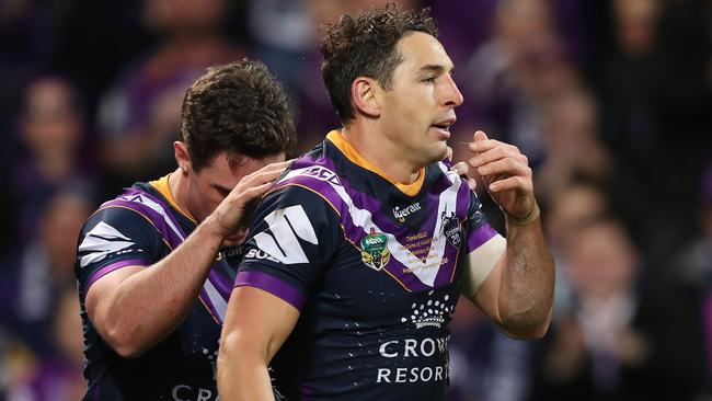 Billy Slater reacts after being penalised for a shoulder charge on Cronulla's Sosaia Feki at AAMI Park. Picture: Brett Costello