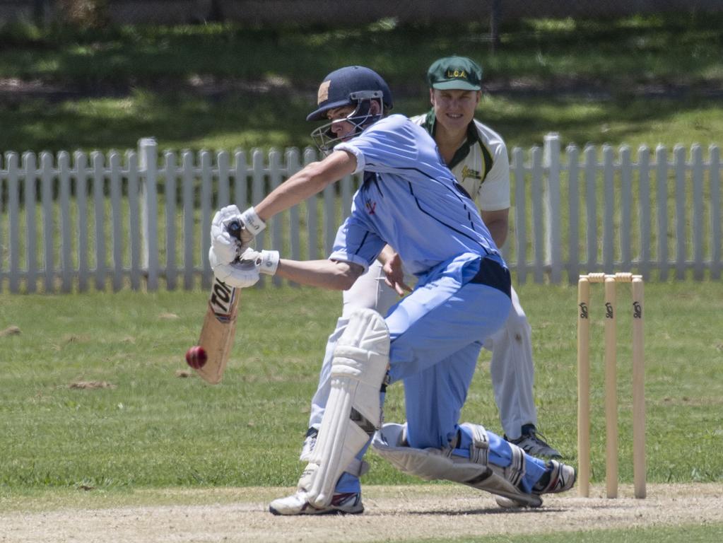 Harrison Tzannes bats for Toowoomba. Mitchell Shield, Toowoomba vs Lockyer. Sunday, January 23, 2022. Picture: Nev Madsen.