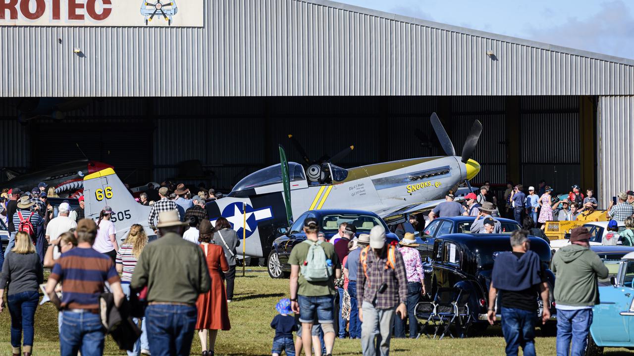 A P-51 Mustang WWII fighter plane is manoeuvred into place for showing at the David Hack Classic, Sunday, May 18, 2025. Picture: Kevin Farmer