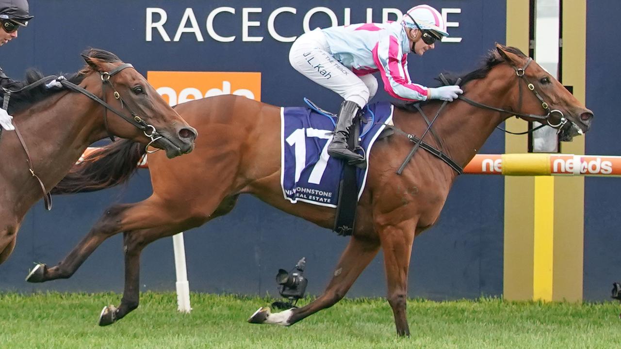 Marabi held off her stablemate Away Game (black cap) to win the Listed Christmas Stakes at Caulfield on Boxing Day. Picture : Racing Photos via Getty Images.