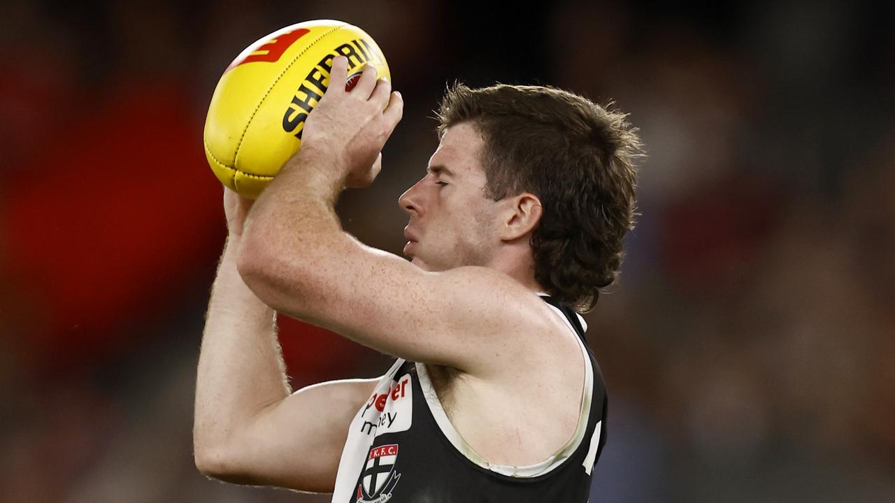 Jack Higgins marks the ball during his five-goal game at Marvel Stadium. Picture: Getty Images