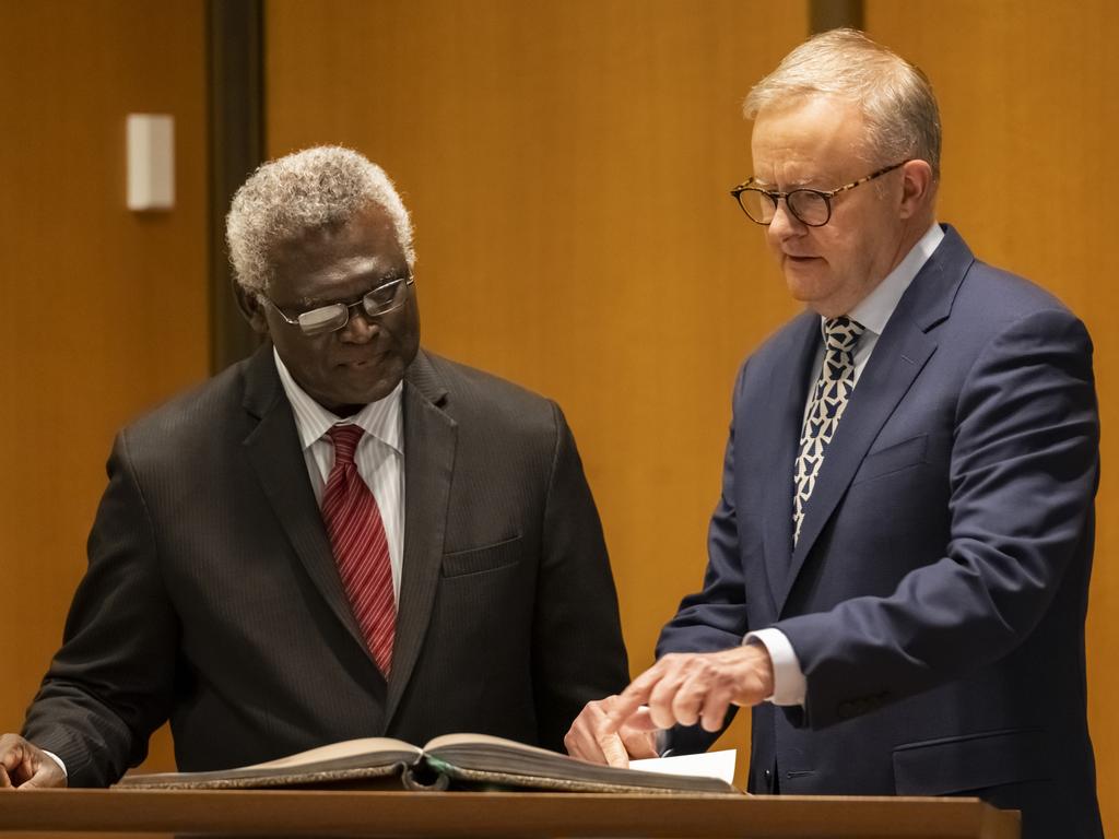 Australian Prime Minister Anthony Albanese and Prime Minister of Solomon Islands, Manasseh Sogavare, speak during their meeting in Canberra. Picture: Getty Images.