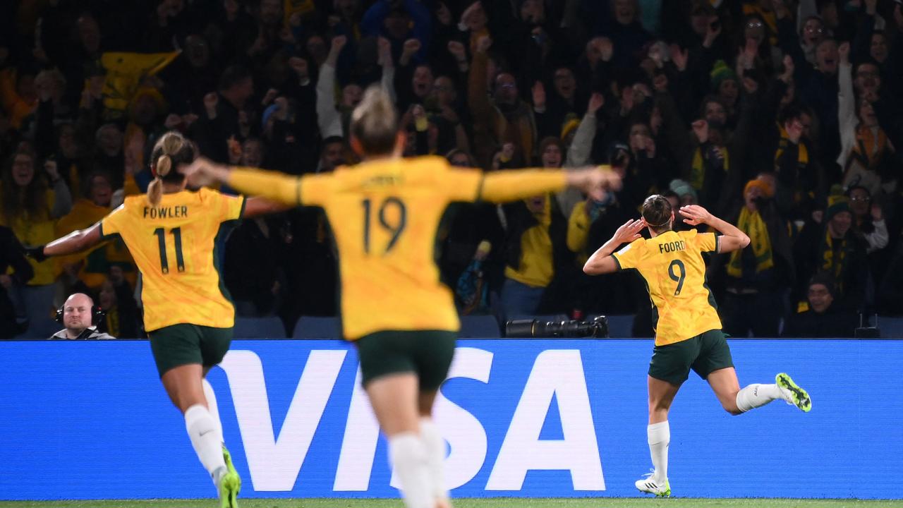 Caitlin Foord celebrates scoring the opening goal of the match. Picture: AFP