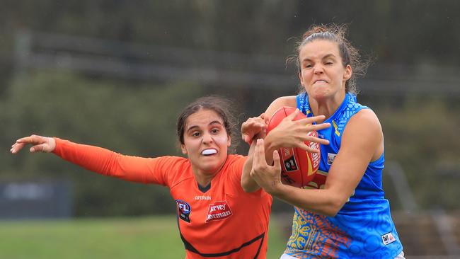 SYDNEY, AUSTRALIA - FEBRUARY 08: Sally Riley of the Suns takes a mark during the round one AFLW match between the Greater Western Sydney Giants and the Gold Coast Suns at Blacktown International Sportspark on February 08, 2020 in Sydney, Australia. (Photo by Mark Evans/Getty Images)