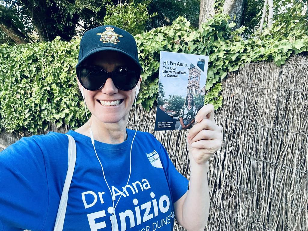 Former MP Nicolle Flint wearing a defence hat while campaigning ahead of the Dunstan by-election. Picture: Facebook