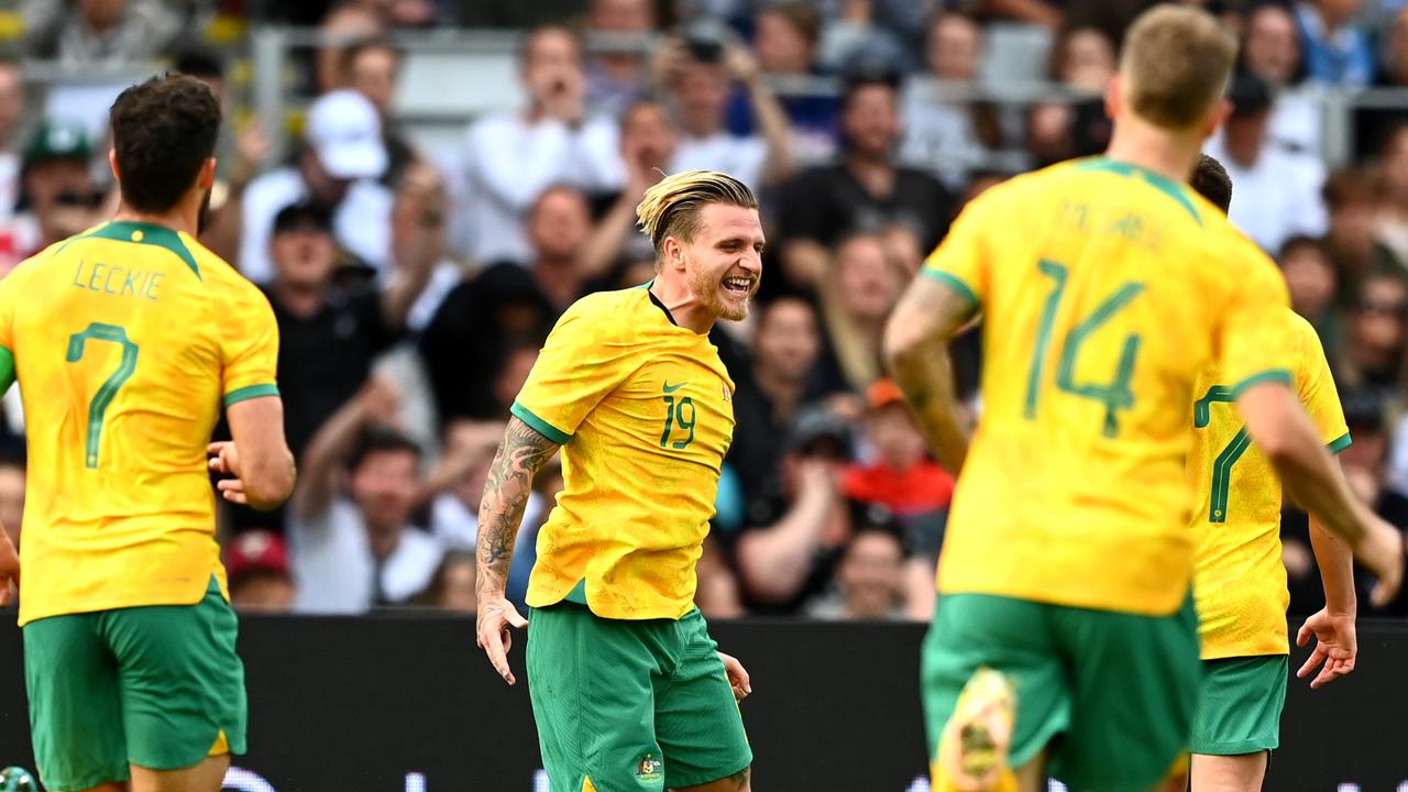 AUCKLAND, NEW ZEALAND – SEPTEMBER 25: Jason Cummings of the Socceroos celebrates after scoring a goal during the International Friendly match between the New Zealand All Whites and Australia Socceroos at Eden Park on September 25, 2022 in Auckland, New Zealand. (Photo by Hannah Peters/Getty Images)
