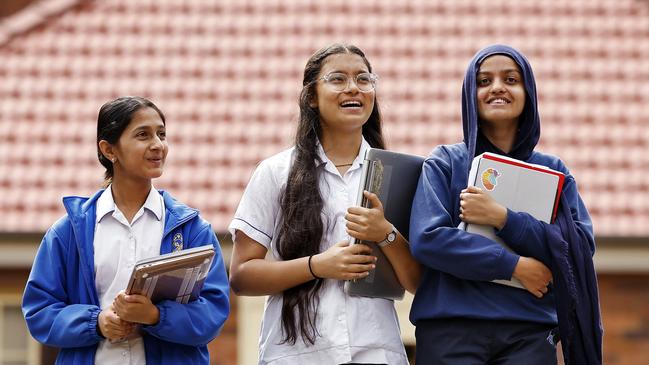 DAILY TELEGRAPH - 13/11/24Y9 and Y10 students at Macarthur Girls High School in Parramatta pictured L to R, Heli Desai, Janvi Patwal and Inara Ahmed. Picture: Sam Ruttyn