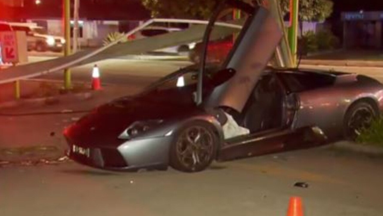 A Queensland man has crashed his rare Lamborghini outside a car wash. Picture: Supplied/ 7 News