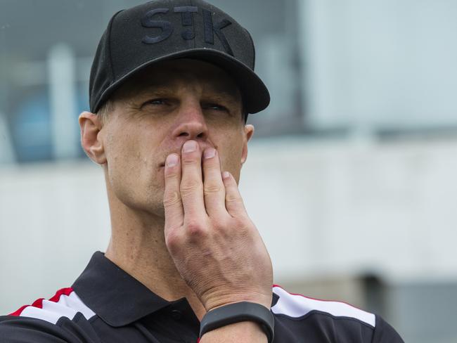 Nick Riewoldt  with some demolition props to promote the start of demolition at Moorabbin Reserve as St Kilda begins work on their new headquarters. Picture: Valeriu Campan