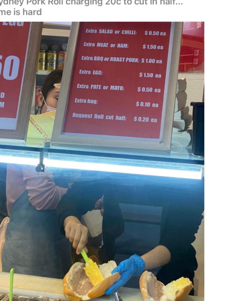 A Sydney pork roll store is charging customers 20 cents extra if they want their rolls cut in half. Picture: Reddit