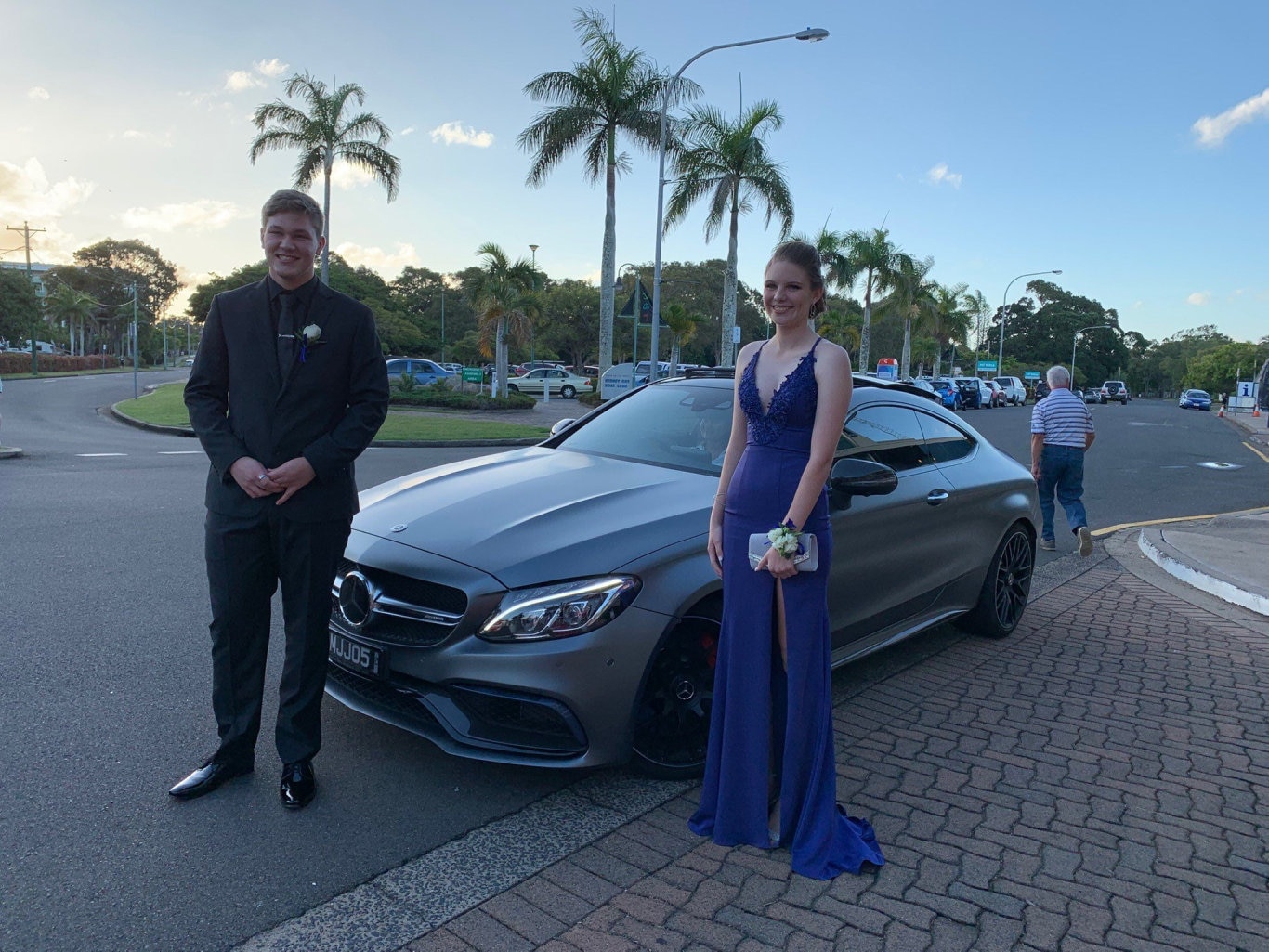 Owen Nicholls and Brianna Skyring arriving at the Fraser Coast Anglican College formal at the Hervey Bay Boat Club.