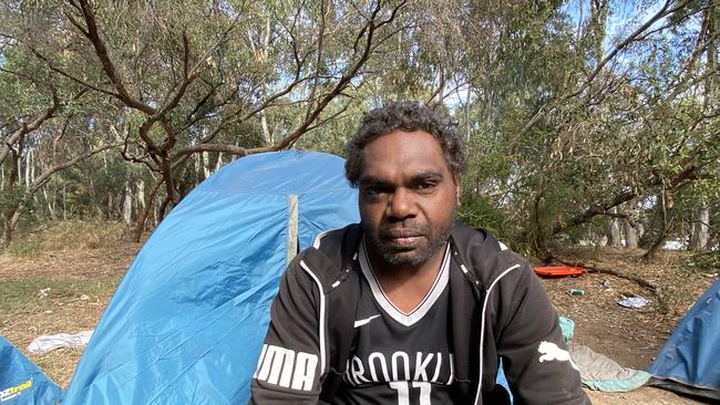 Bruce Leo lives in a tent at the Safer Place to Gather campsite at Edwards Park. Picture: Supplied