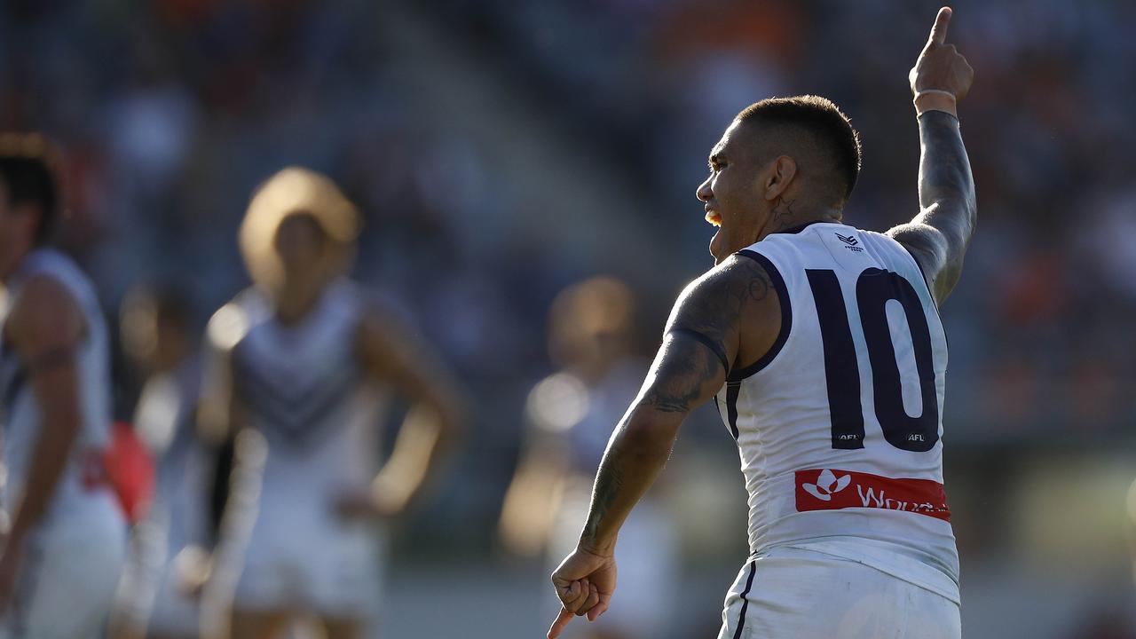 Michael Walters celebrates a goal during Fremantle’s win over GWS. (Photo by Ryan Pierse/Getty Images)