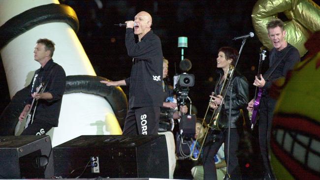 Midnight Oil sing Beds are Burning during the closing ceremony of the Sydney 2000 Olympic Games. Picture: AAP