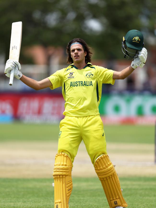 Sam Konstas celebrates a century against the West Indies at the Under 19s World Cup. Picture: Matthew Lewis/ICC via Getty Images.