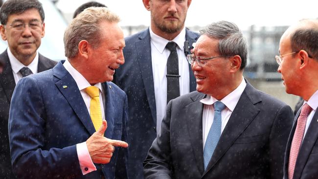 Andrew Forrest rubbing shoulders with China; s Premier Li Qiang at the Fortescue Hazelmere research and development facility in Perth. Picture: Getty Images