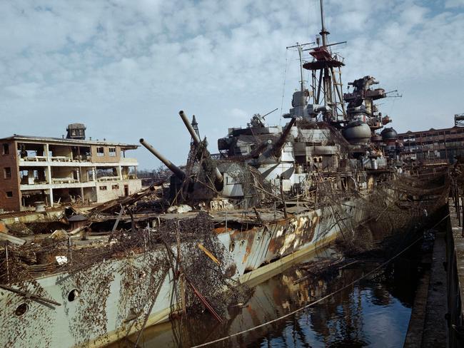 The German heavy cruiser Admiral Hipper abandoned in dry dock at Kiel, Germany, May 1945. Picture: Imperial War Museum