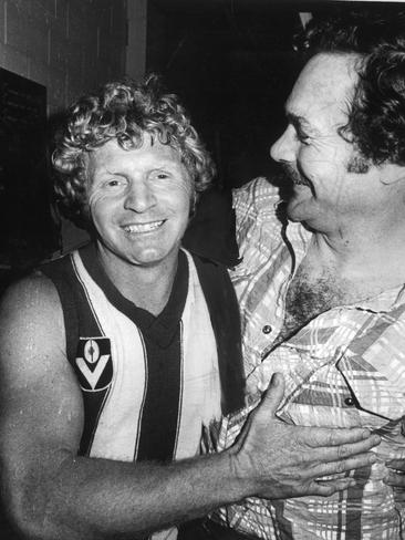 North Melbourne footballer Barry Cable with Ron Barassi in 1976.