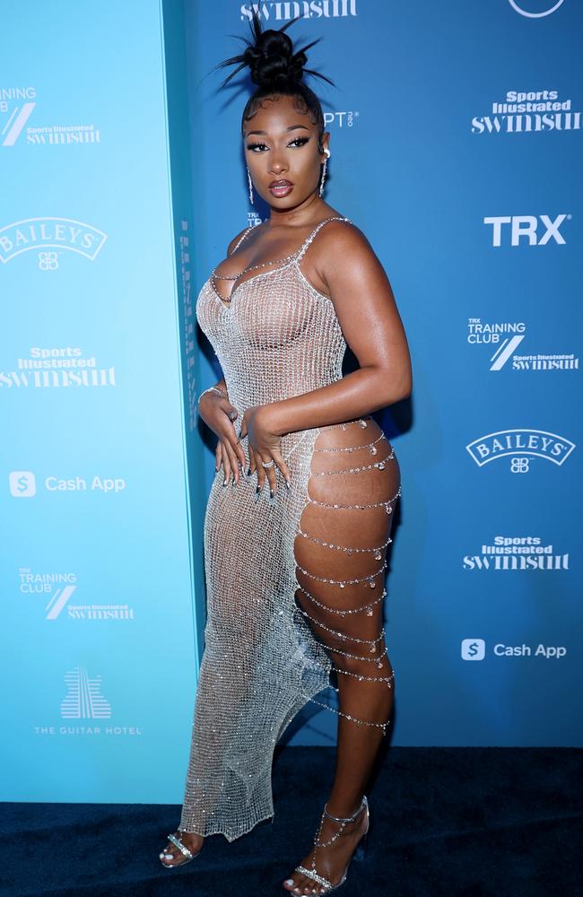 Megan Thee Stallion donned a bold look for the launch event of the Sports Illustrated issue in which she appears on the cover. Picture: Rodrigo Varela/Getty Images.