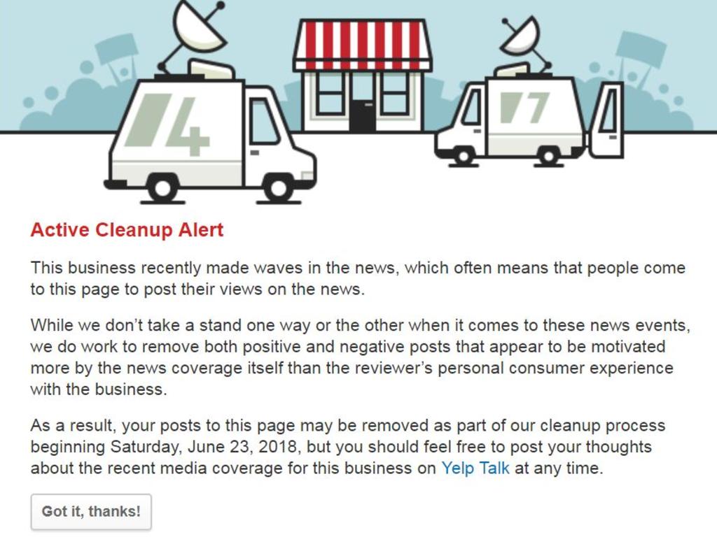 Yelp has stepped in to ‘clean up’ the page. Picture: Yelp