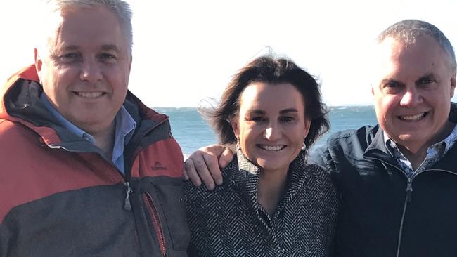 Newly re-elected Tasmanian Senator Jacqui Lambie, centre,  with Stirling Griff, left, and Rex Patrick from the Centre Alliance. Picture: HELEN KEMPTON