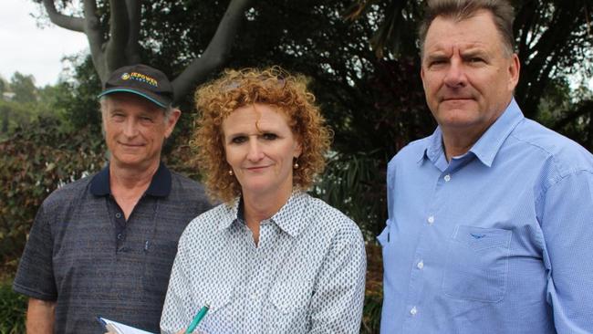 Bundaberg farmer Judy Plath (middle, with LNP Burnett MP Stephen Bennett and Moore Park Beach Action Group spokesperson Alan Corbett) said the threat to agriculture in the region far outweighed any potential economic benefits from the coal mine.