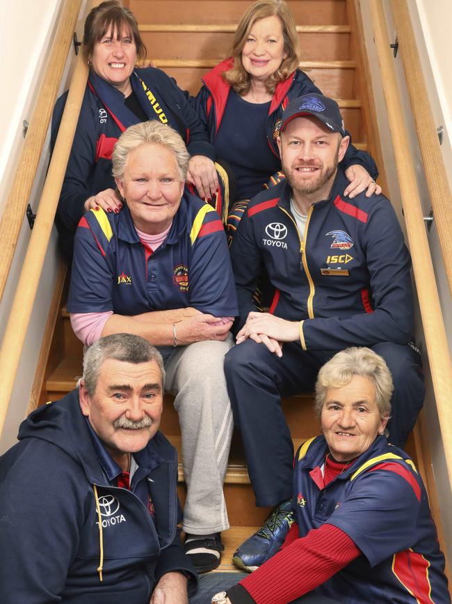 Crows Supporters Group members discuss the club’s season. Back: Julie Elliott, Annie Green, Heather Hill, Dylan Clark, Peter Kauschke and Danni Gower. Picture: DEAN MARTIN