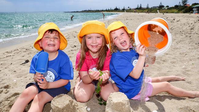 Jack, Harriet and Margot have fun at beach kinder at Hampton Beach Picture: Brendan Beckett