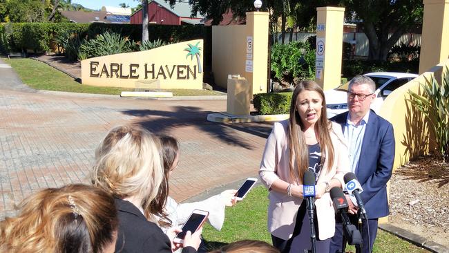 Member for Gaven Meghan Scanlon addresses the media outside Earle Haven nursing home, Nerang.