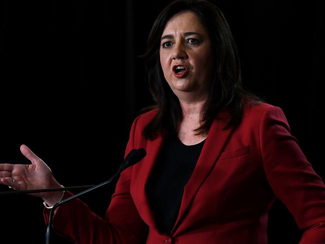 BRISBANE, AUSTRALIA - NewsWire Photos - OCTOBER 28, 2020. Queensland Premier Annastacia Palaszczuk (left) and opposition Leader Deb Frecklington engage in a debate during the Sky News - Courier Mail People's Forum at the Broncos Leagues club in Brisbane, ahead of the October 31 state election. Picture: NCA NewsWire / Dan Peled