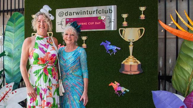 Jenni Hibble and Kirsty Baine dressed up in their best race-day gear at the 2023 Melbourne Cup celebrations. Picture: Pema Tamang Pakhrin.