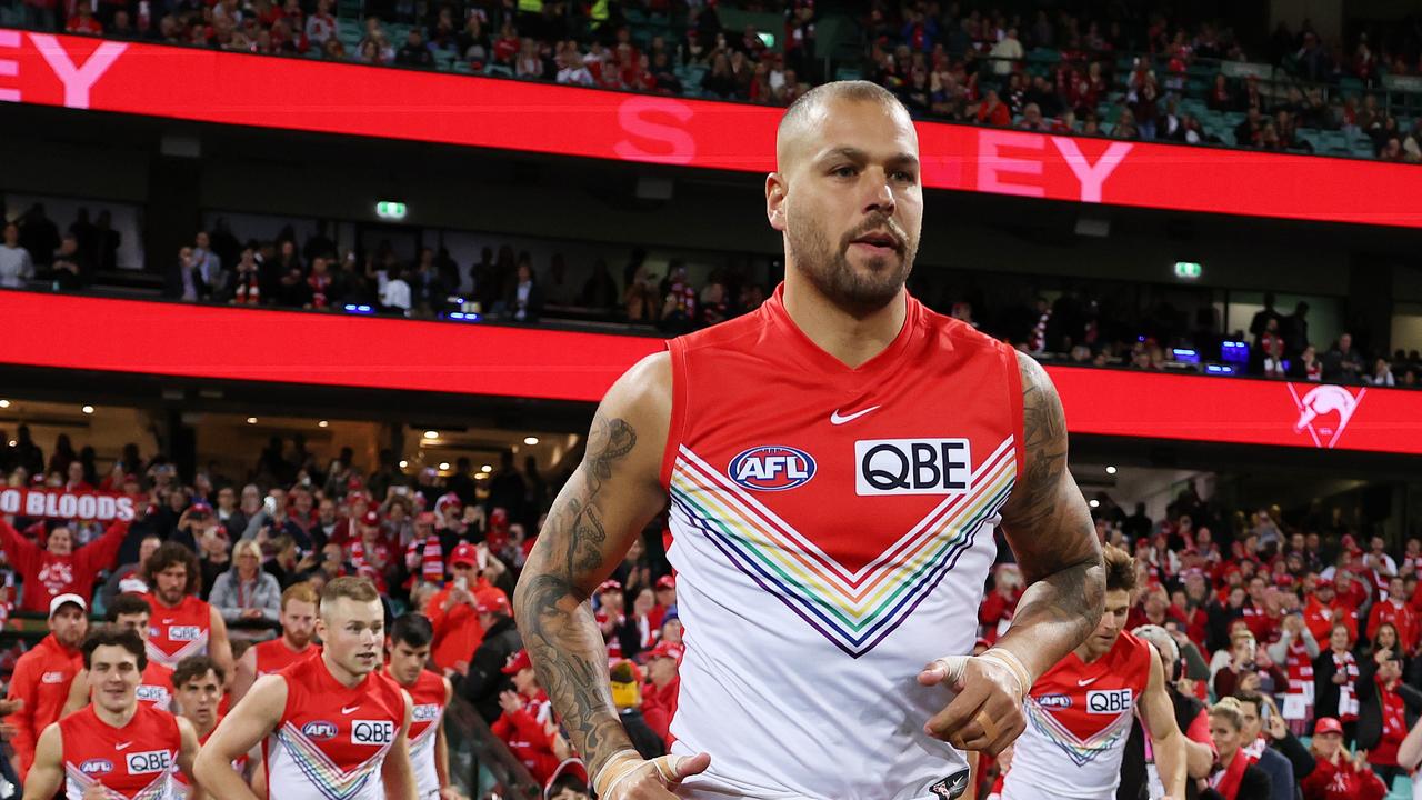 Lance Franklin leads his team out onto the ground. Picture: Getty Images