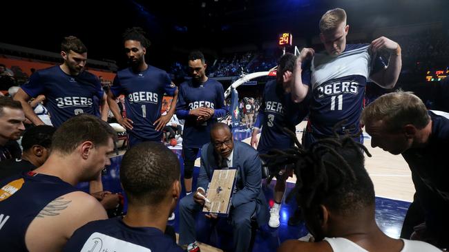 Adelaide 36ers coach Joey Wright addresses his players during Friday night’s win over Cairns. Picture: AAP/Kelly Barnes