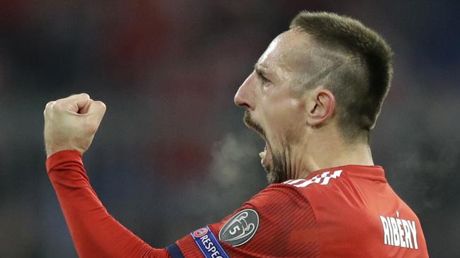Bayern midfielder Franck Ribery celebrates after scoring his side's fifth goal during the Champions League group E soccer match between FC Bayern Munich and Benfica Lisbon in Munich last November, Picture: Matthias Schrader/AP