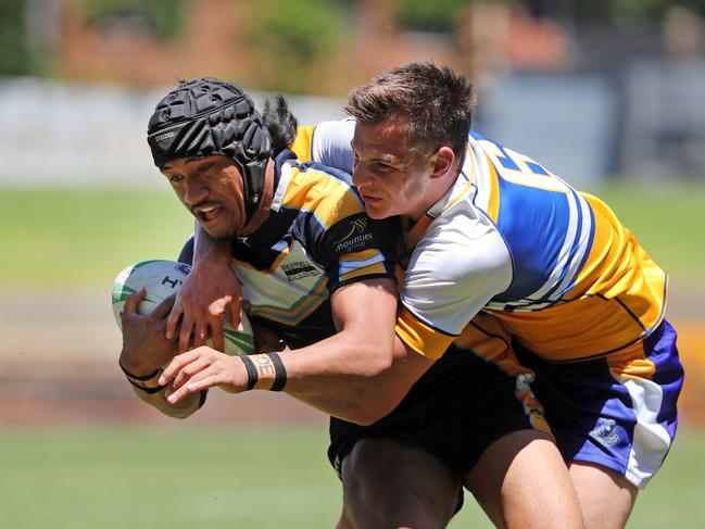 Carson Kaho barges over to score a try for Westfields Sport High. Picture: Richard Dobson